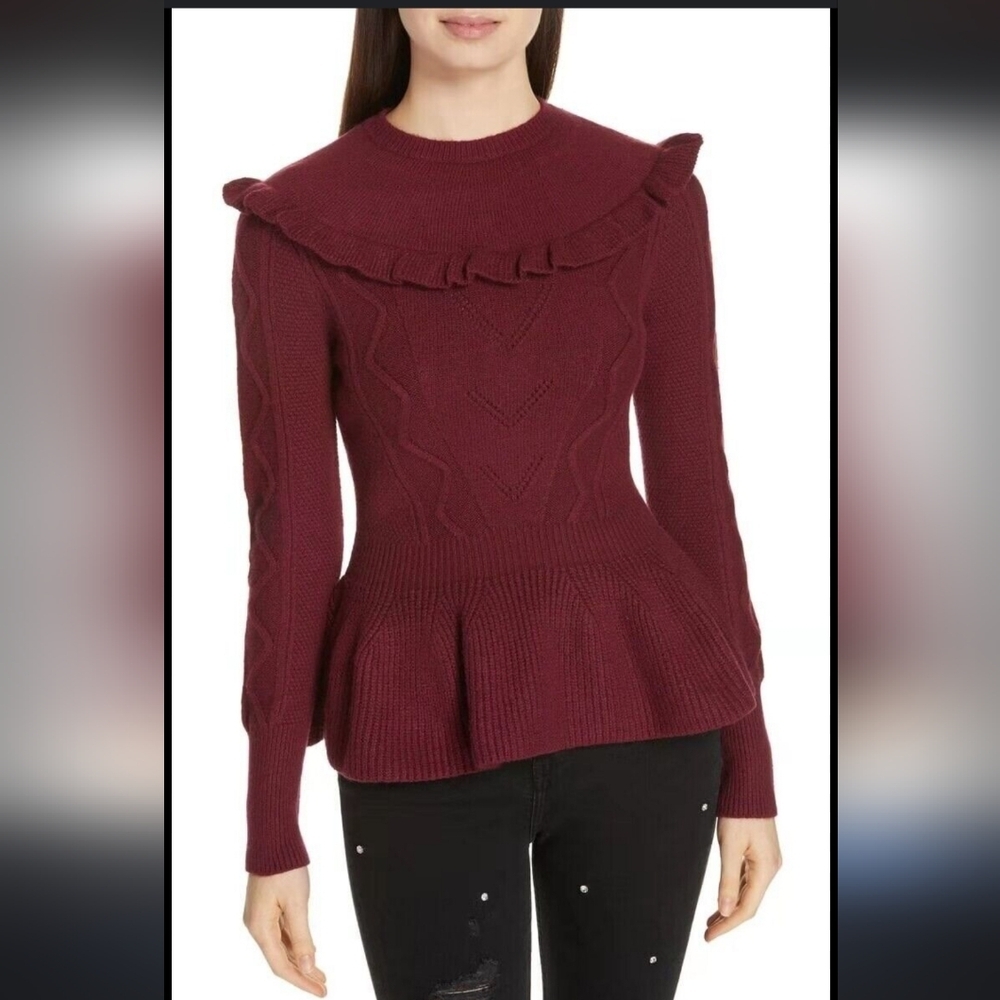 TED BAKER Maroon Elsahi Frill Detail Peplum Sweater. Size 2